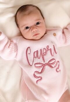 Personalised Embroidered Bow New Baby Romper Three Colours Available, 2 of 6