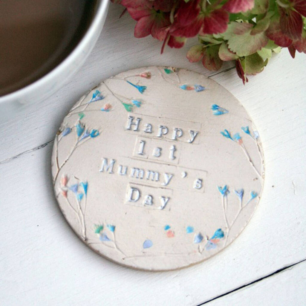 Floral First Mummy's Day Ceramic Coaster, 1 of 2