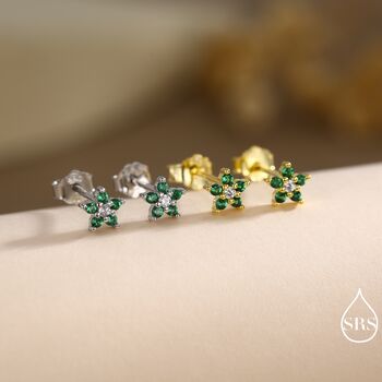 Emerald Green Forget Me Not Flower Cz Stud Earrings In Sterling Silver, 3 of 12