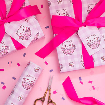 Gingham Teacup Cat Wrapping Paper With Tags, 2 of 7