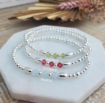 Sterling Silver Birthstone Bracelet: Elastic Beaded Birth Month Gemstone Jewellery, 2 of 9