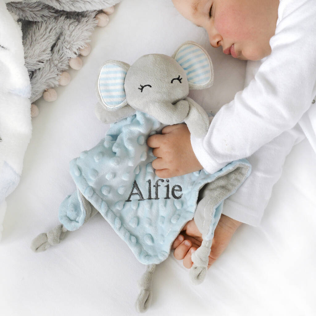Personalised Blue Bobble Elephant Baby Comforter By A Type Of Design