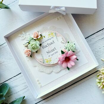 Handmade Wedding Card With 3D Flowers In Shades Of Pink And Green, 4 of 8