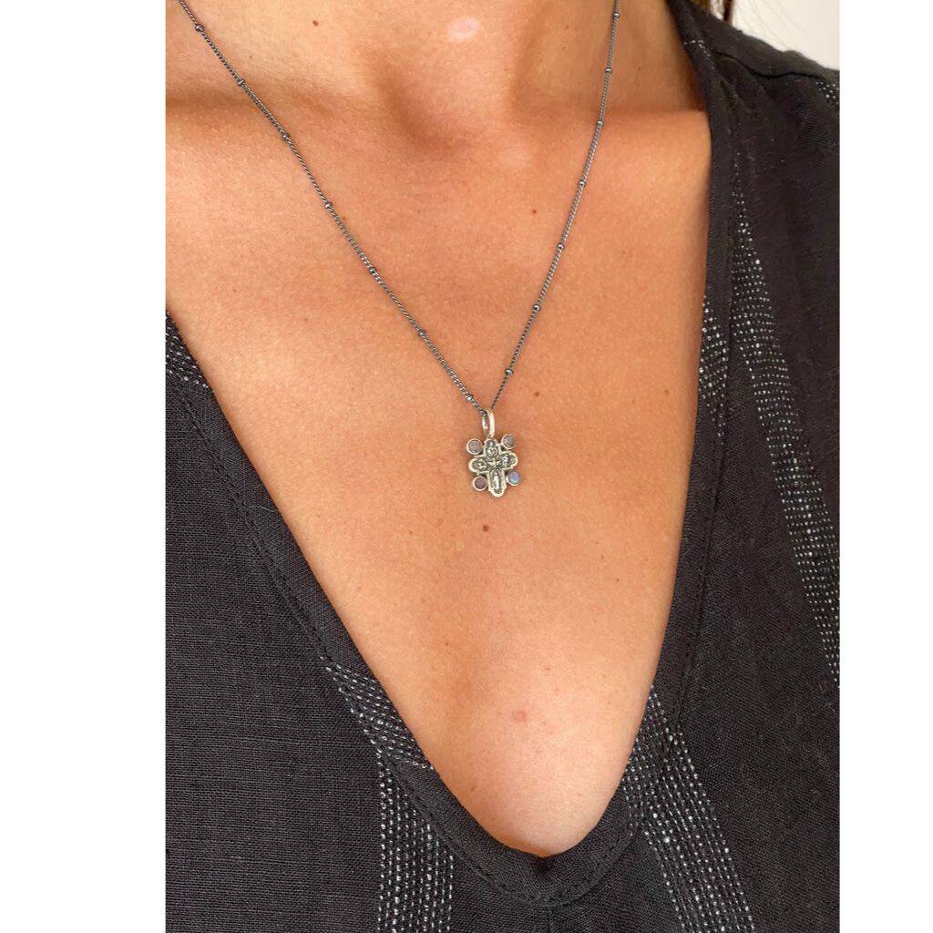 Tiny Cross And Moonstone Necklace By Maitri