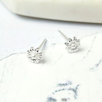 Tiny Sterling Silver And Pearl Daisy Stud Earrings, 7 of 8