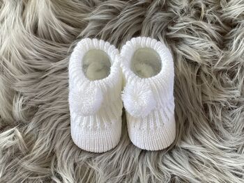 White Knitted Baby Booties With Pom Pom, 4 of 9