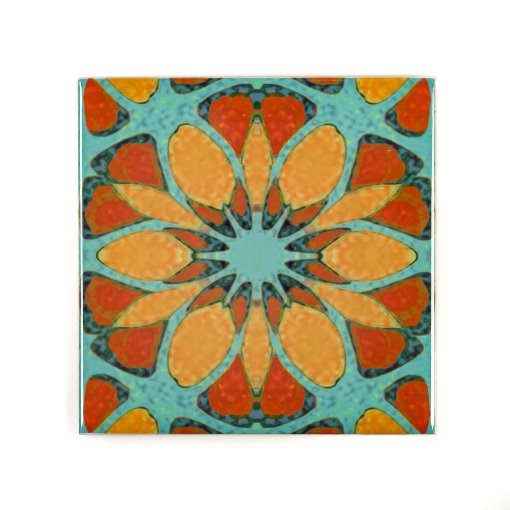 Orange Teal Geometric Flower Tile, 1 of 10