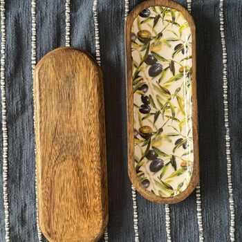 Mango Wood Long Food Serving Platter With Olive Print And Enamel Coating, 6 of 7