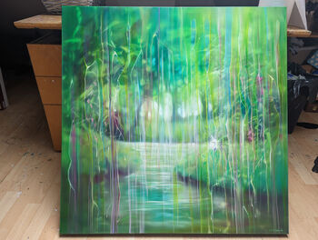 Emanation, Green Oil Painting Of River And Egret, 3 of 9
