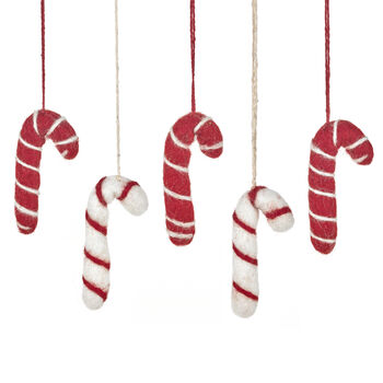 Handmade Felt Candy Cane Set Of Five Decorations, 2 of 11