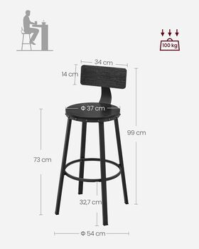 Set Of Two Bar Stools High Seat Backrest Industrial, 11 of 12