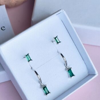Emerald Baguette Hoop And Stud Earring Set Gold Or Silver Gift For Her, 10 of 12