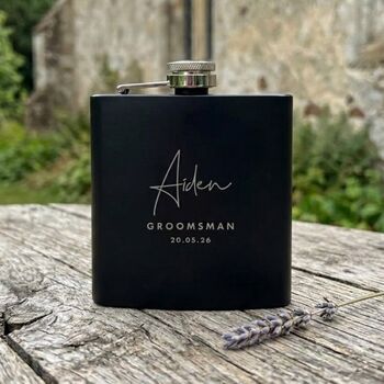 Personalised Script Engraved Black Metal Hip Flask Wedding, Groomsmen And Birthday Gift, 2 of 12