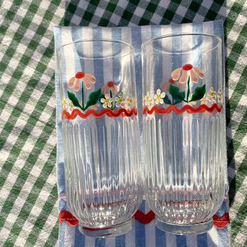 Hand Painted Pink Cosmos Ribbed Highball Glasses Pair, 3 of 4