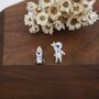 Mismatched Astronaut And Rocket Stud Earrings In Sterling Silver With Lab Moonstone, thumbnail 4 of 12