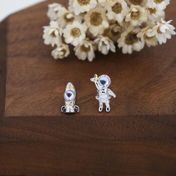 Mismatched Astronaut And Rocket Stud Earrings In Sterling Silver With Lab Moonstone, 4 of 12