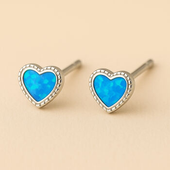 Sterling Silver Blue Opal Heart Stud Earrings, 4 of 5