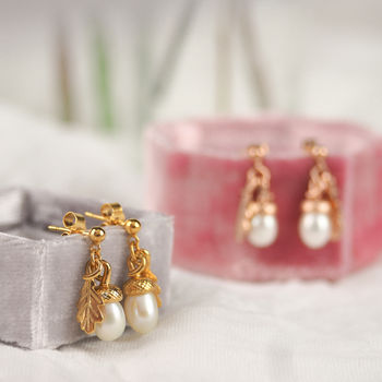 Pearl Acorn Earrings With Oak Leaves, 4 of 6