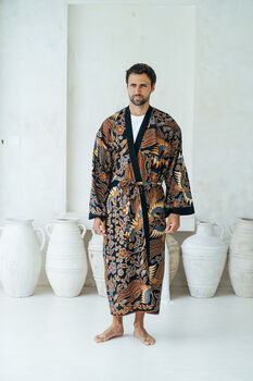 Navy Men's Full Length Batik Kimono Robe, 4 of 6