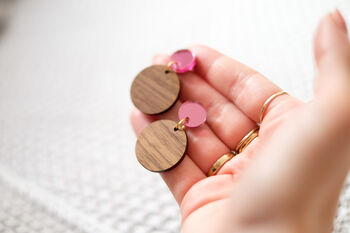 Mirror Pink And Walnut Circle Drop Earrings, 4 of 5