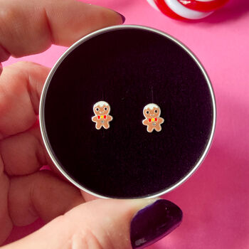 Silver Christmas Earrings, Gingerbread Studs In A Tin, 2 of 8