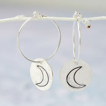 Sterling Silver Circle Crescent Moon Large Charm Hoops, 2 of 3