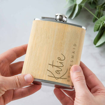 Personalised Sideways Bridesmaid Bamboo Hipflask, 2 of 4