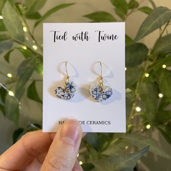 Blue Floral Ceramic Heart Earrings Dainty Handmade Earrings, 5 of 7