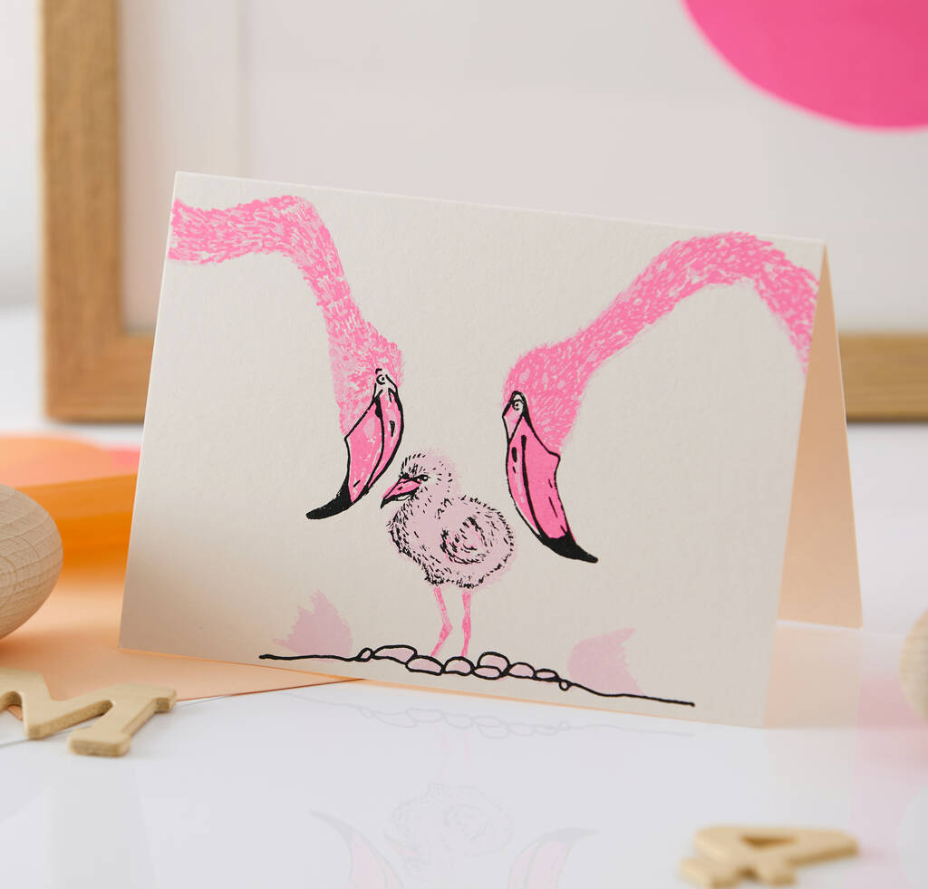Flamingo Hand Screen Printed New Baby Card, 1 of 4