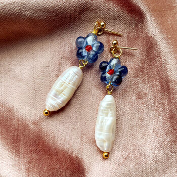 Glass Beaded Flower And Pearl Earrings, 2 of 7