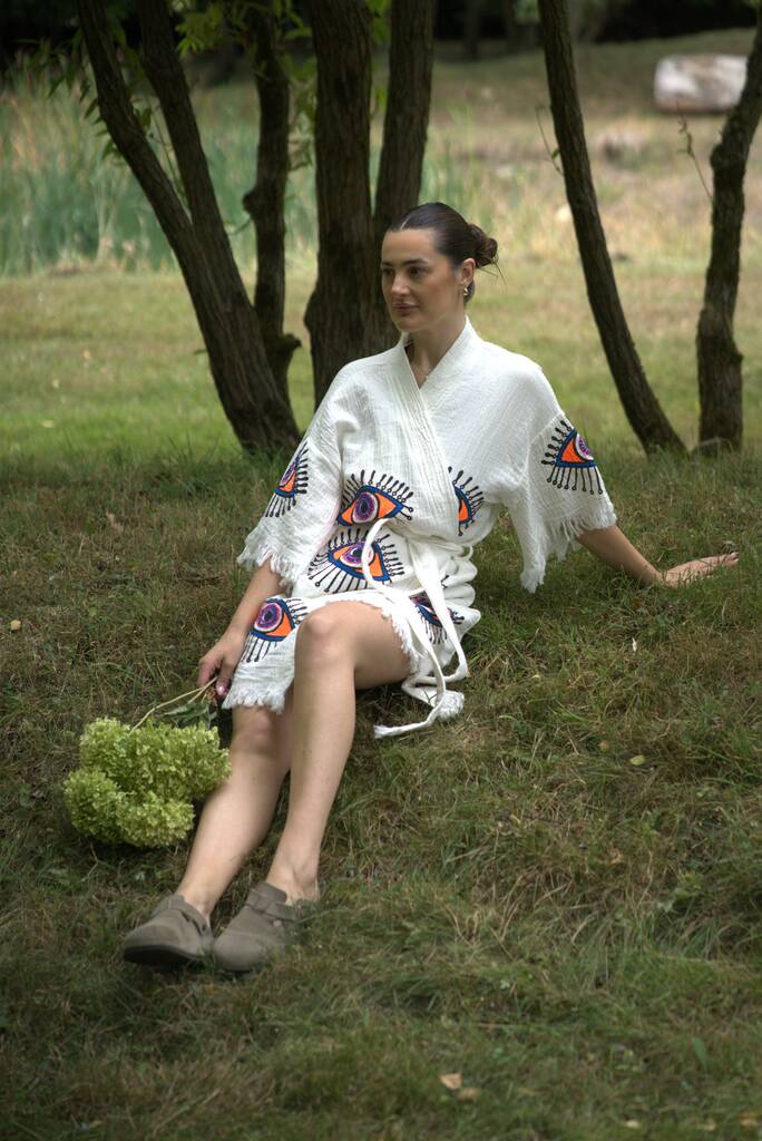 Organic Short Cotton Kimono: White With Orange And Purple Eye, 1 of 4