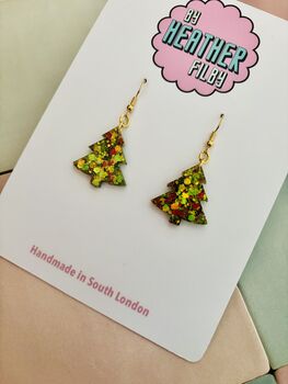 Green And Red Christmas Tree Glitter Resin Earrings / Traditional Holiday Jewellery / Christmas Gift / Secret Santa Gift, 9 of 10