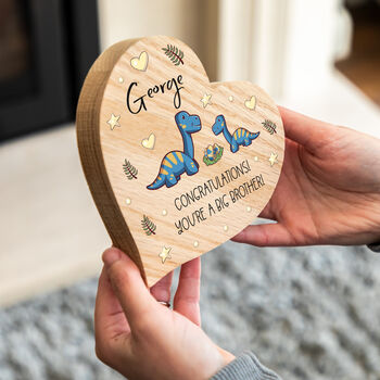 Personalised Oak Heart Dinosaur Congratulations You're A Big Brother Gift, 4 of 4