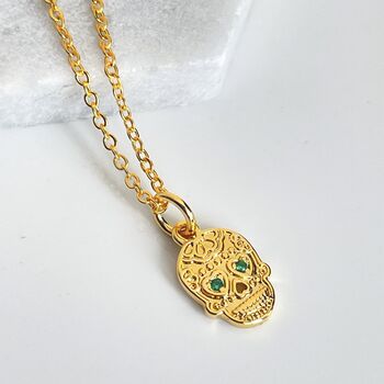 Skull Necklace With Emerald Crystals In Gold Plate, 2 of 5