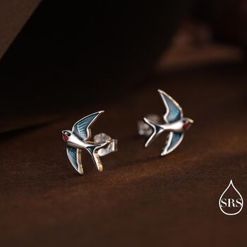 Sterling Silver Barn Swallow Bird Stud Earrings, 2 of 11
