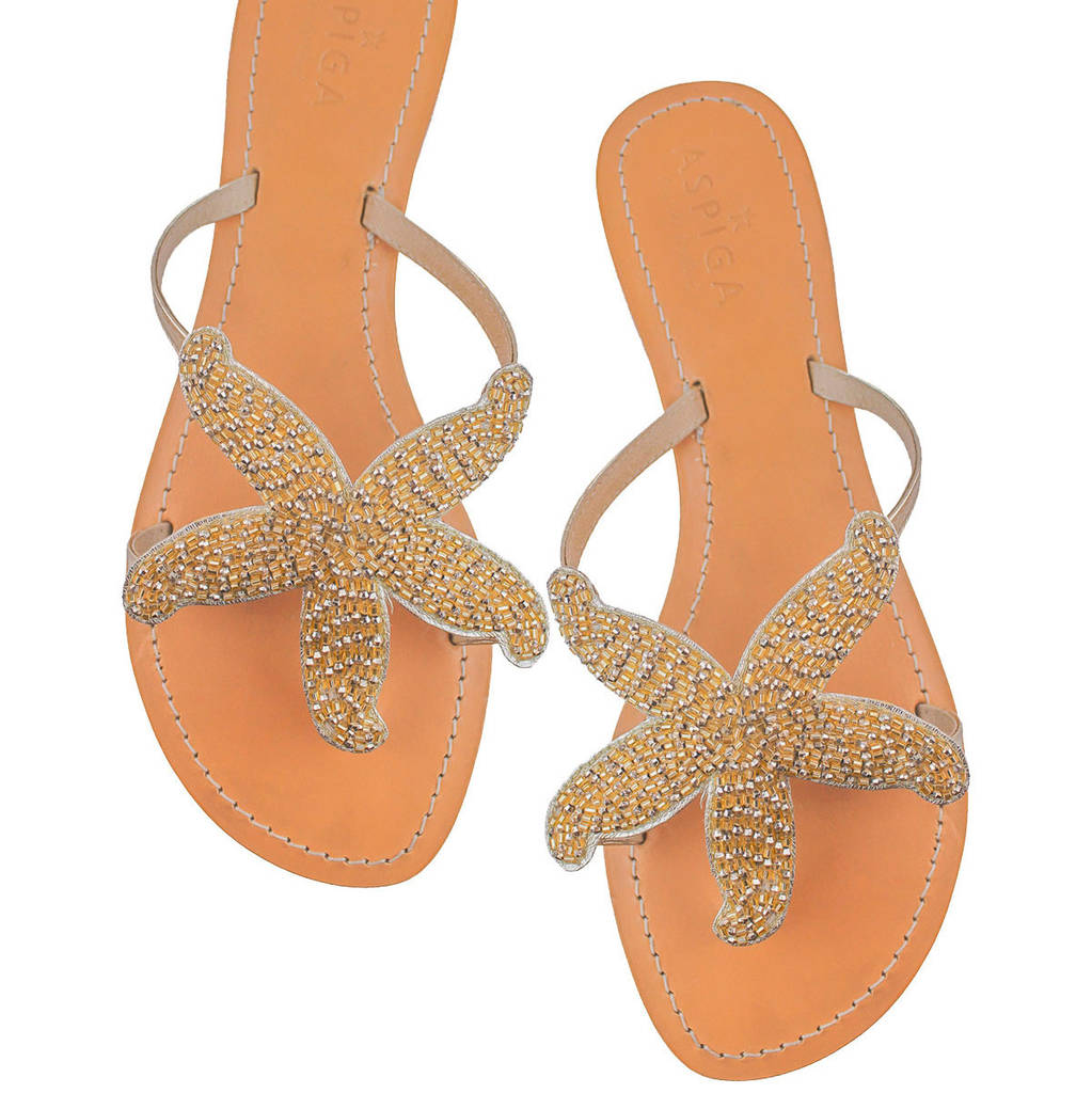 gold starfish beaded flat leather sandals by aspiga ...