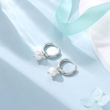 Sterling Silver Genuine Freshwater Pearl With Skinny Hoop Earrings, 2 of 11