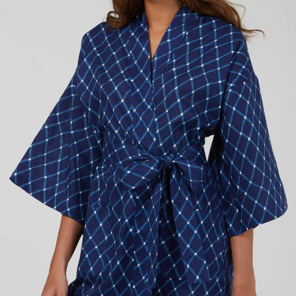 Cotton Wrap Kimono In Blue Criss Cross Print By Caro London