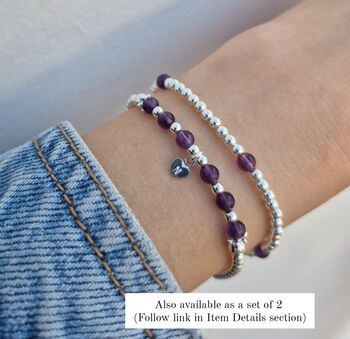 Sterling Silver February Amethyst Beaded Bracelet: February Birthstone, Personalised Heart Charm, 5 of 5