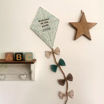 Welcome To The World, Hanging Fabric Kite, Turquoise Cotton With Baby Animal Print And Four Fabric Bows, 6 of 11
