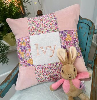 Peachy Pink Patchwork Name Cushion, 3 of 6