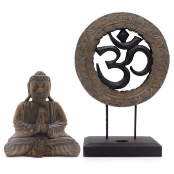Artisan Carved Wooden Buddha Om Statue Set, 6 of 6