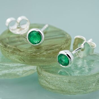 Sterling Silver May Birthstone Stud Earrings Emerald, 3 of 5