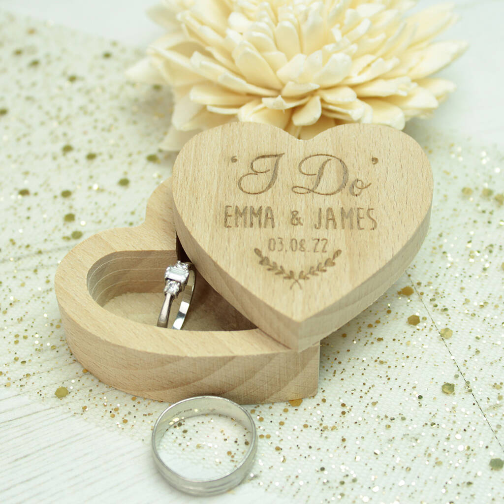 Personalised 'i Do' Wooden Heart Wedding Ring Box By