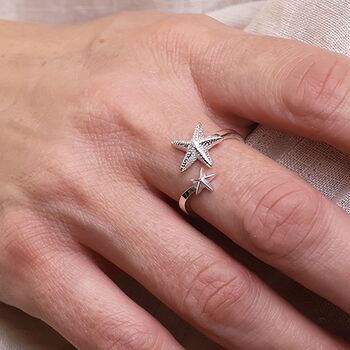 Sterling Silver Starfish Adjustable Open Band Ring, 2 of 6