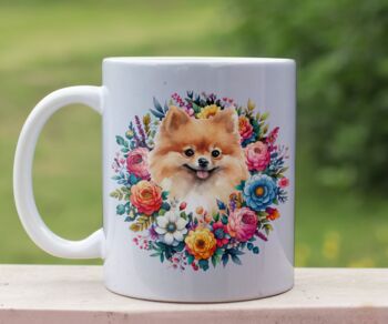 Personalised Pomeranian Summer Floral Dog Wreath Cushion And Mug Gift Bundle, 2 of 4