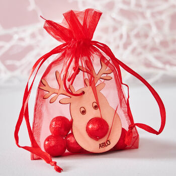 Personalised Reindeer Christmas Tag And Bag Of Chocolate Noses, 4 of 4