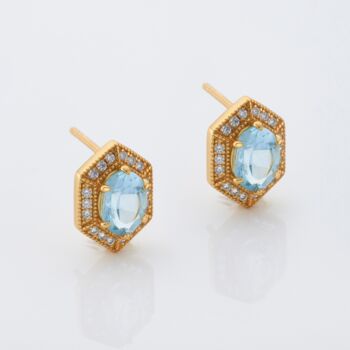 Hexagon Blue Topaz 18k Gold Plated Stud Earrings, 2 of 3