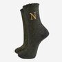 Women's Glitter Socks Black Gold Initial 'N', thumbnail 2 of 5