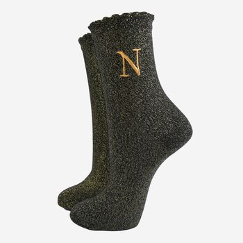 Women's Glitter Socks Black Gold Initial 'N', 2 of 5